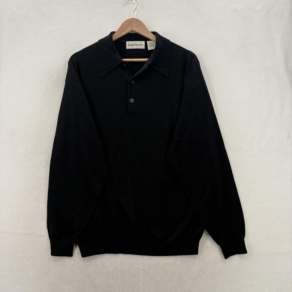 Vintage Barry Bricken Sweater Polo Mens Large Black Silk Cashmere Knit Pullover